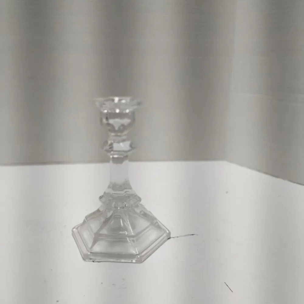 🏷️ Title  Vintage Clear Glass Taper Candle Holder – Hexagon Base, Elegant Class
